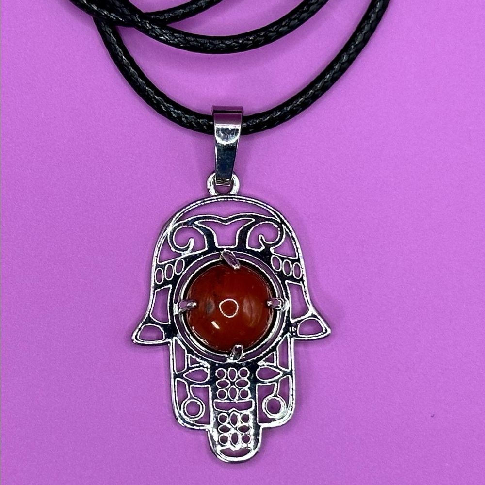 Red Jasper Hamsa Hand on 18” cotton cord w/extender